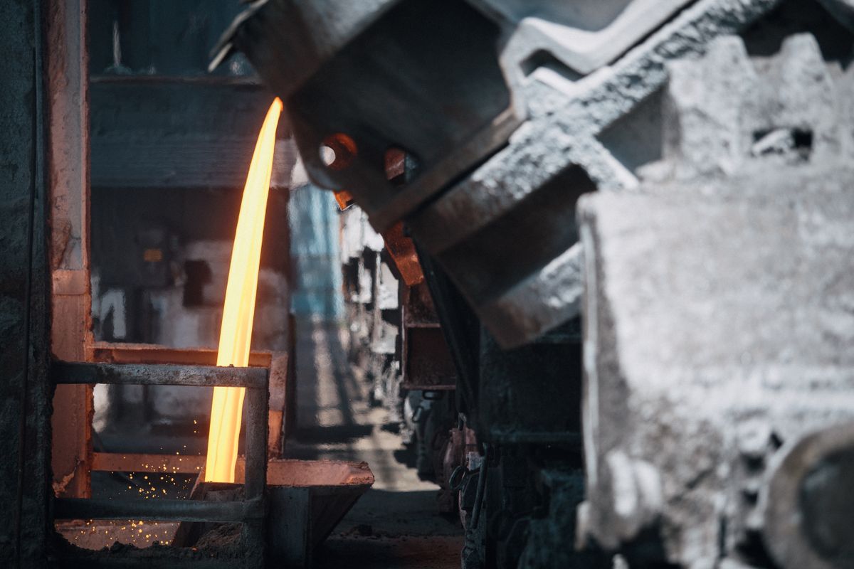 Molten steel being poured in a foundry