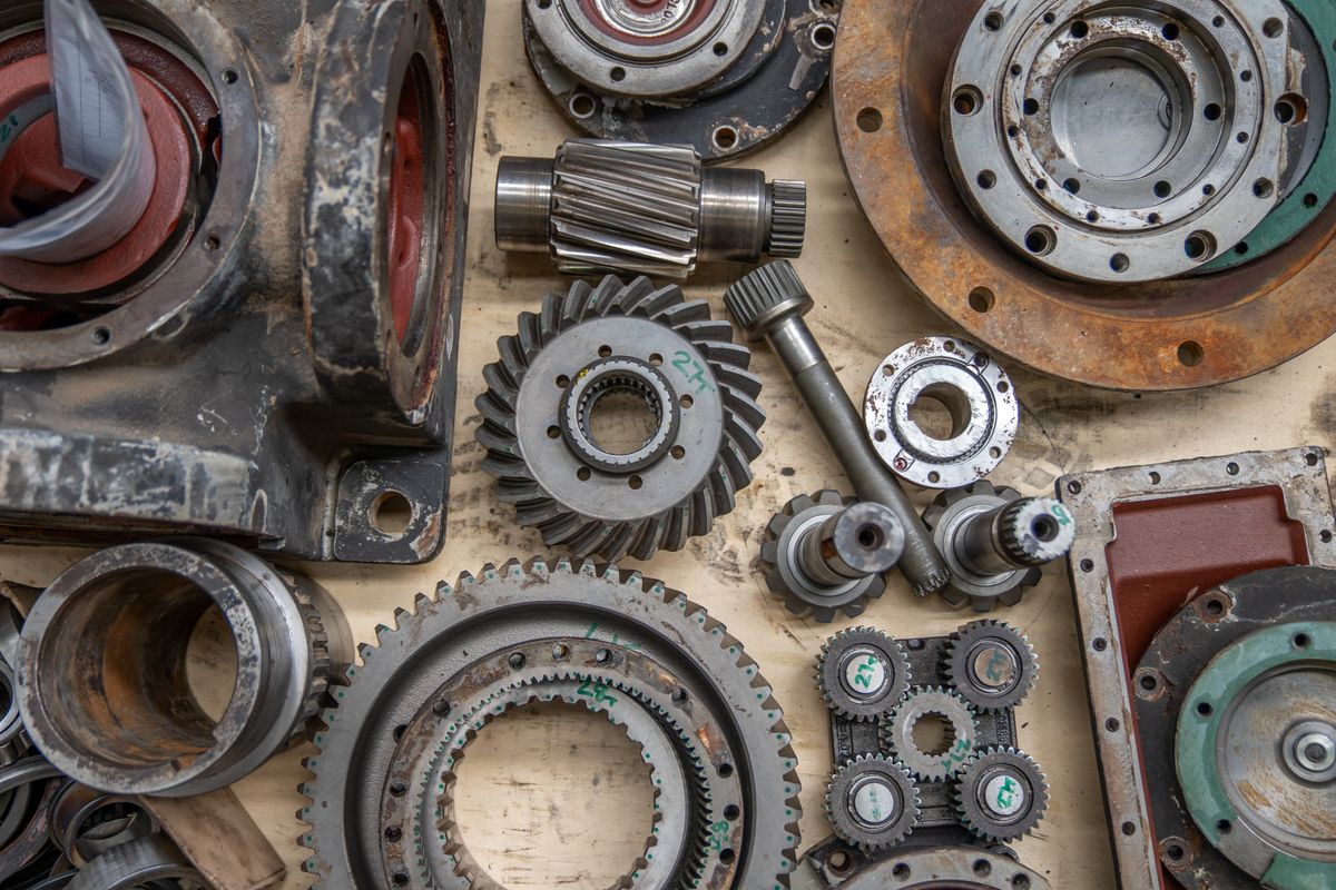 Close-up of industrial gears and mechanical drive components